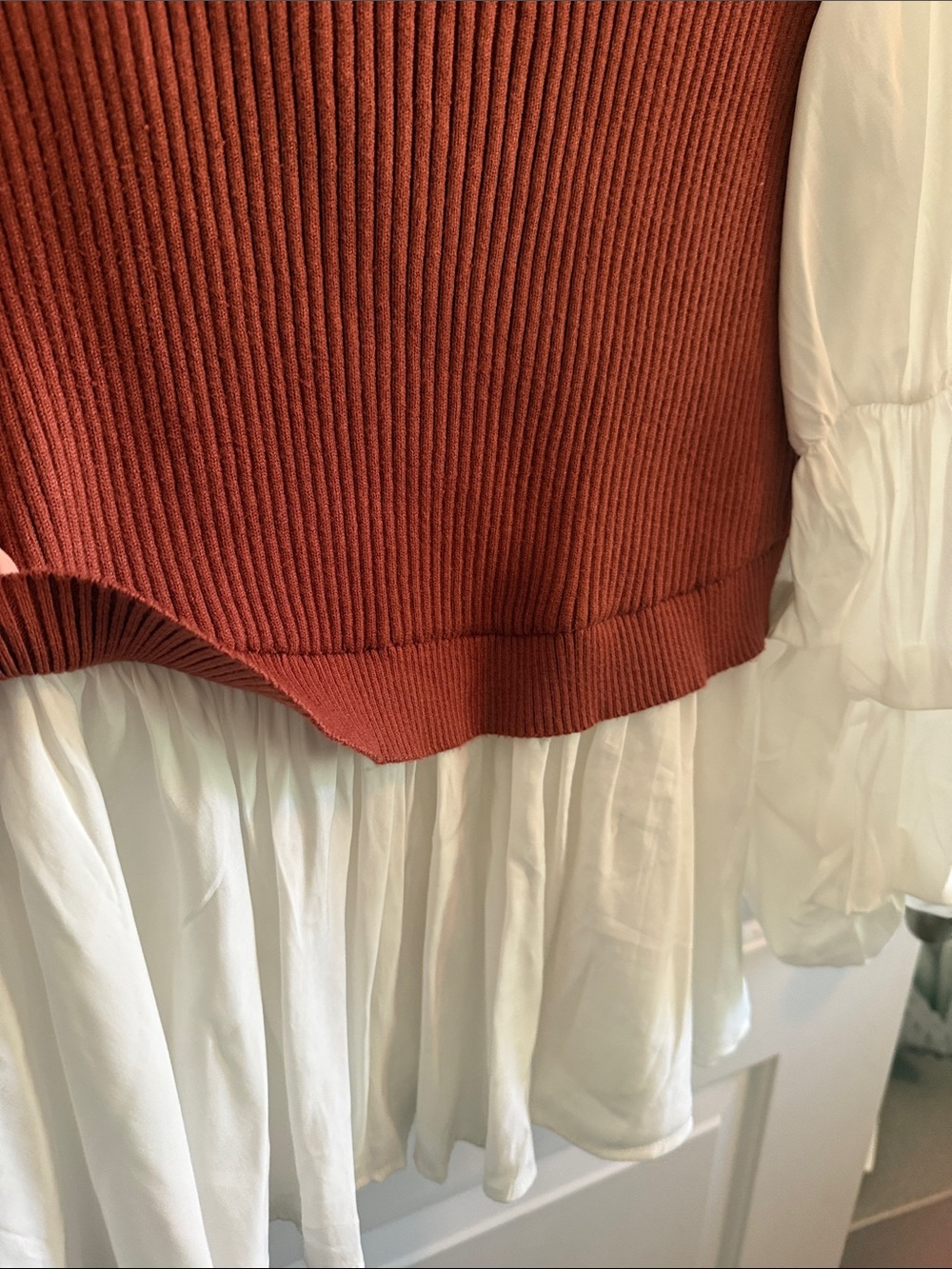 English Factory Rust Ribbed Sweater Top with White Ruffled Sleeves - Picture 5 of 15